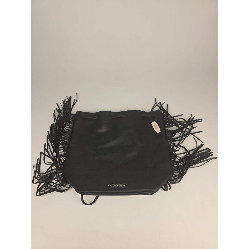VICTORIA'S SECRET Black Faux Leather Fringe Drawstring Bucket Backpack NWT tags